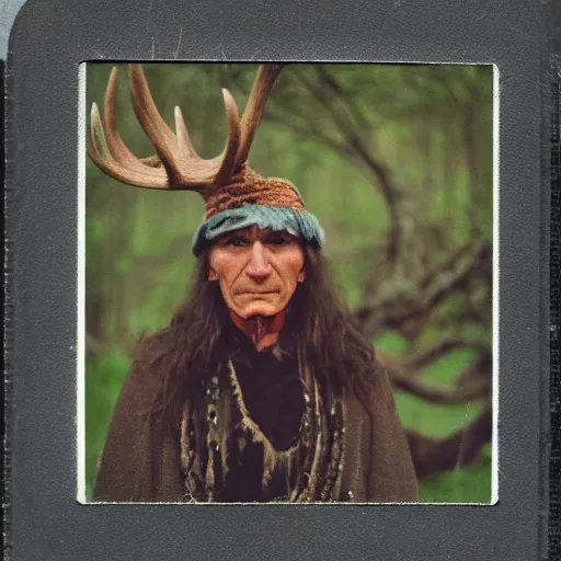 Image similar to over exposed color polaroid photograph of a neolithic european shaman wearing deer clothing