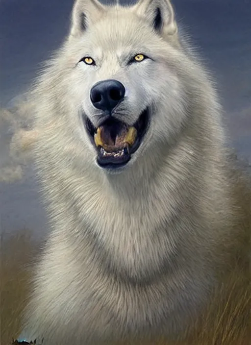 Prompt: a realistic white wolf head seen from the side, fantasy art, art by collin bogle