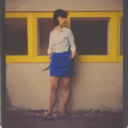 Prompt: colorful instant photograph of a short hair woman smoking in the street, leaning on the wall, polaroid, light leak, raw, nostalgic