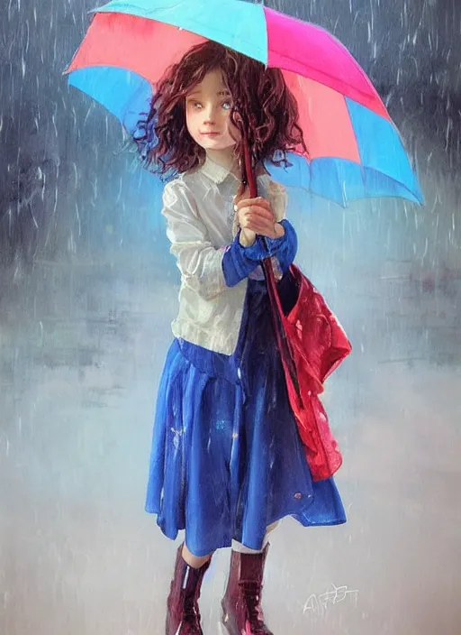 Prompt: a little girl with short wavy curly light brown hair and blue eyes in the rain, wearing colorful clothes. she is holding an umbrella. beautiful painting by artgerm and greg rutkowski and ilya kuvshinov