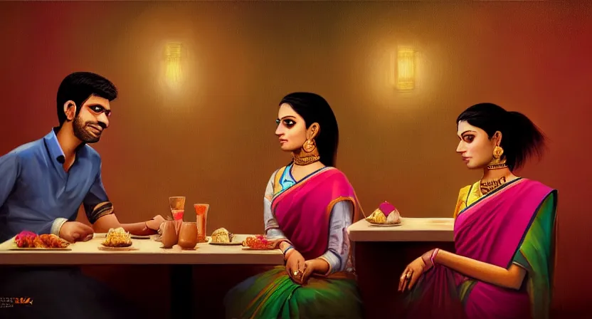 Prompt: a guy and girl on a date in a restaurant, saree, desi, art by salman toor. faithfully depicted facial expression, perfect anatomy, sharp focus, global illumination, radiant light, detailed and intricate environment, trending on artstation