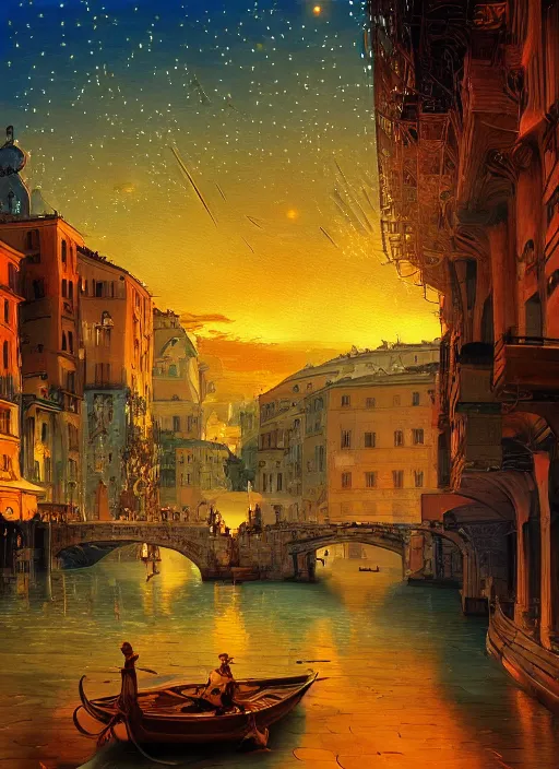 Image similar to ethereal starlit city of magic lost in time at sunset, italian futurism, da vinci, hd, digital painting