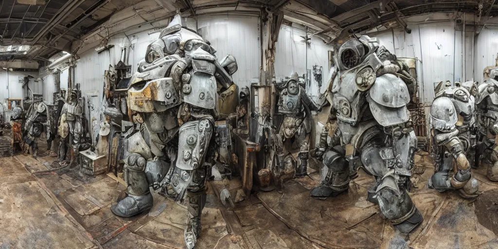 Image similar to wide angle panorama shot photo taken of an epic intricate, ultra detailed, super realistic gritty, hero prop, exquisitely weathered very clunky, bulky fallout 5 power armour suits movie prop replica's in a row in the workshop, created by weta workshop, full body shot, photorealistic, sharp focus, white wall, cold colour temperture