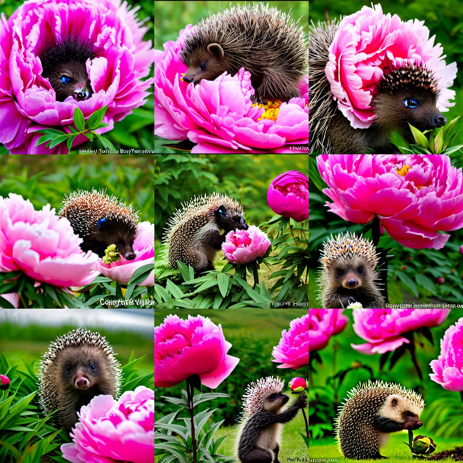 Prompt: baby porcupine eating a peony on my peony farm in alaska