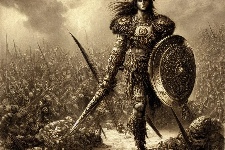 Image similar to highly detailed painting of a warrior barbarian, symmetrical, masterpiece, highly detailed painting by gustave dore