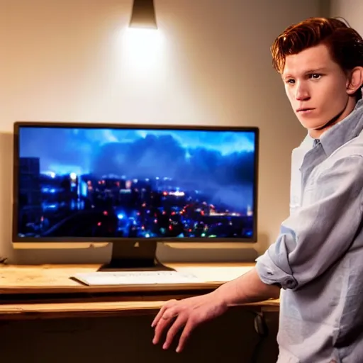 Image similar to tom holland behind a computer in his apartment room during a stormy night, photorealistic, cinematic lighting, highly detailed,