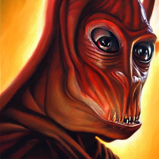 Image similar to ultra realistic portrait painting of jar jar binks as a sith lord, art by frank frazetta, 4 k, ultra realistic, highly detailed, epic lighting