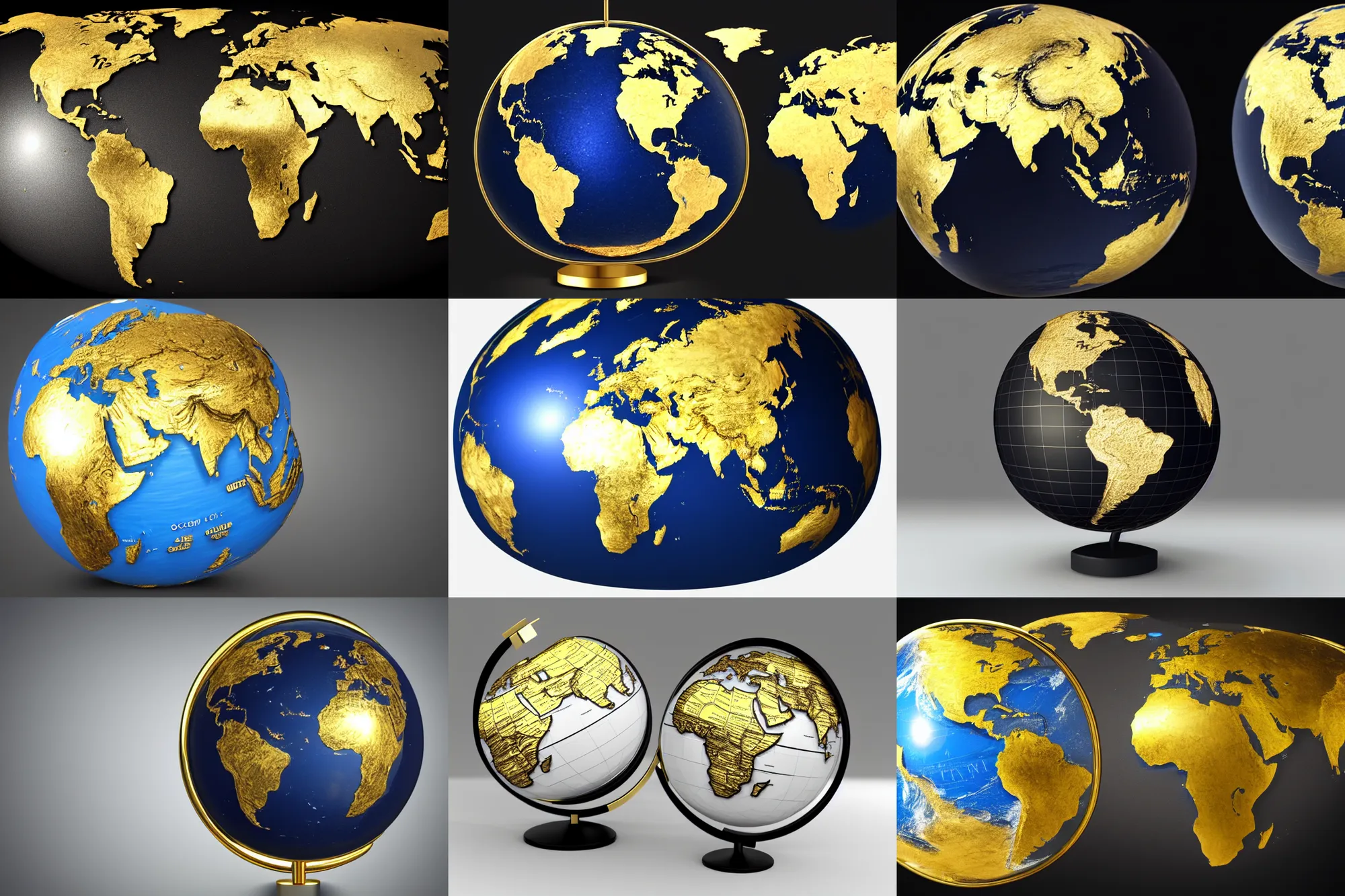Prompt: 3 d world globe, oceans black, continents gold, photo realistic, ultra detailed, 4 k