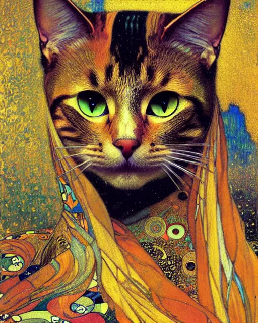 Image similar to cat portrait an oil painting splashes with many colors and shapes by gustav klimt greg rutkowski and alphonse mucha, polycount, generative art, psychedelic, fractalism, glitch art