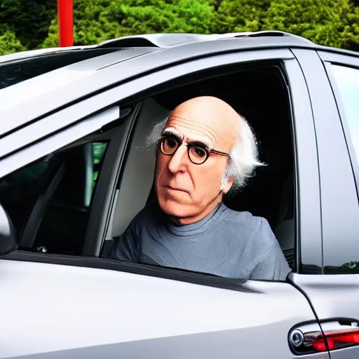 Prompt: larry david in his 2 0 0 9 prius, fisheye lens, anime