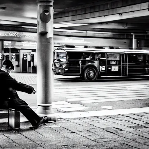 Image similar to the man waiting on bus station, he is angry because the driver didn't stop, he's tired after all day work, with many negative emotions inside his head, hyper detailed, realistic photography, 4k,