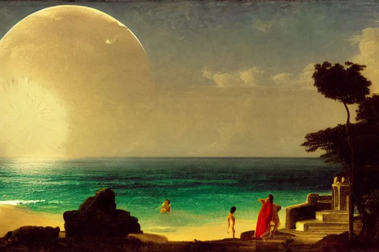 Prompt: The beach arch, refracted moon on the ocean, thunderstorm, greek pool, beach and Tropical vegetation on the background major arcana sky and occult symbols, by paul delaroche, hyperrealistic 4k uhd, award-winning, very detailed paradise