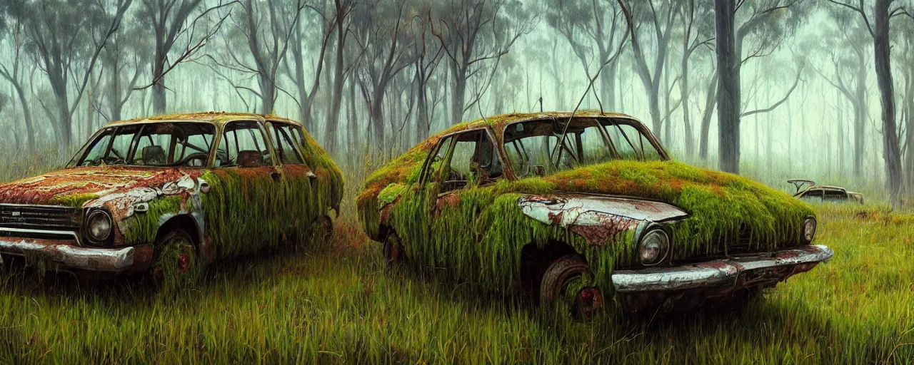 Image similar to hyperealistic painting of an australian landscape, abandoned holden covered with moss. by Simon Stålenhag !