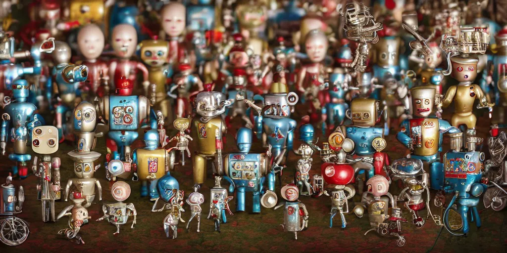 Image similar to closeup portrait of tin toy soldiers retro living room of robot family, depth of field, zeiss lens, detailed, centered, fashion photoshoot, by nicoletta ceccoli, mark ryden, lostfish, breathtaking, 8 k resolution, extremely detailed, beautiful, establishing shot, artistic, hyperrealistic, octane render, - h 8 0 4