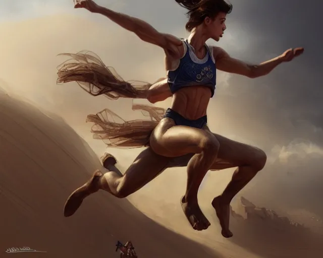 Image similar to long jump, olympics, games, sand, leap, jump, crowd, arena, deep focus, d & d, fantasy, intricate, elegant, highly detailed, digital painting, artstation, concept art, matte, sharp focus, illustration, hearthstone, art by artgerm and greg rutkowski and alphonse mucha