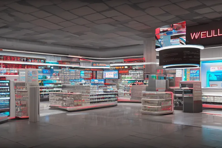 Prompt: a futuristic Walgreens Store, Blade Runner 2049 colors, hyper realistic, cinematic atmosphere, industrial architecture, Octane render, realistic 3D, photorealistic rendering, 8K, intricate details