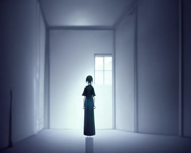 Prompt: creepy woman wearing white dress standing in the backrooms, psychological horror, the eerie forlorn atmosphere of a place that's usually bustling with people but is now abandoned and quiet, buzzing fluorescent lights above the ceiling, unsettling images, liminal space, dark, art by makoto shinkai