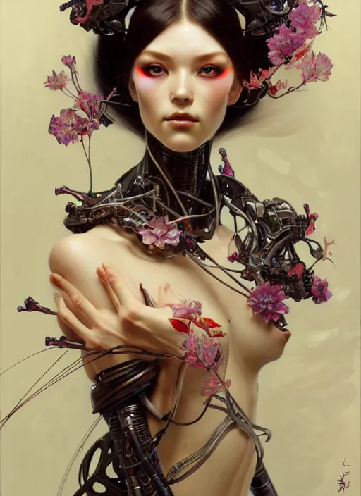 Prompt: organic cyborg, geisha, diffuse lighting, fantasy, intricate, elegant, highly detailed, lifelike, photorealistic, digital painting, artstation, illustration, concept art, smooth, sharp focus, art by John Collier and Albert Aublet and Krenz Cushart and Artem Demura and Alphonse Mucha