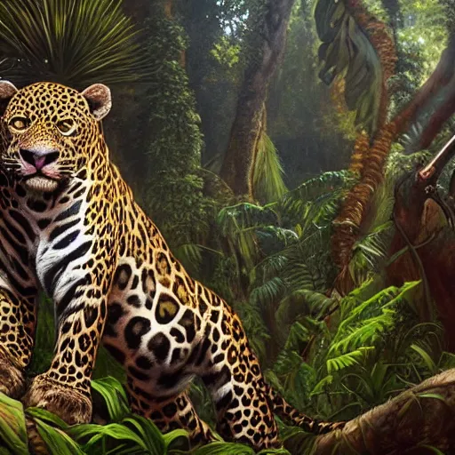 Prompt: jungle jaguar, hyperrealistic oil painting, super detailed, colorized, 4k, trending on Artstation, D&D, fantasy, raytracing, award winning, art by James C Christensen and Michael Hutter, spectacular lighting, octane rendered