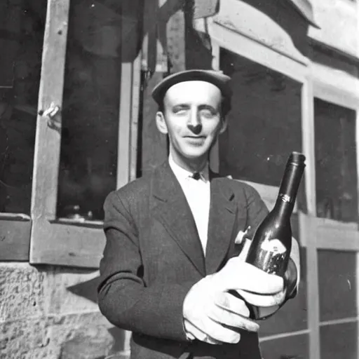 Image similar to a frenchman with a baguette and a bottle of wine in 1 9 5 0