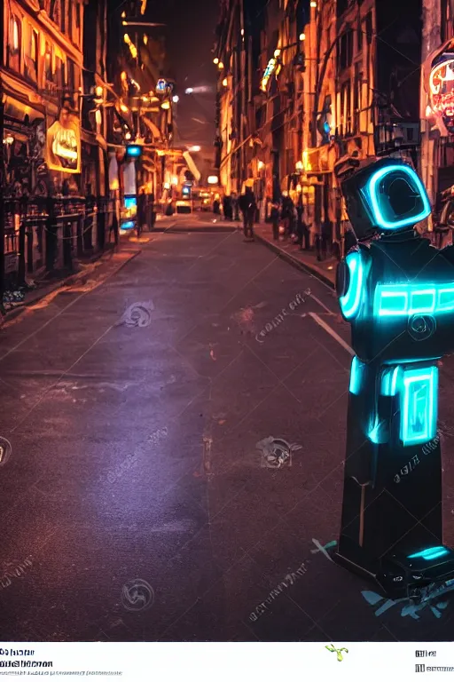 Prompt: a robot in the street, steampunk, night, neon light