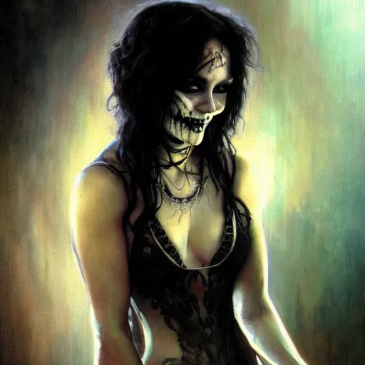 Image similar to beautiful portrait of vanessa hudgens as death from sandman, smiling, by cedric peyravernay, alphonse mucha, by jeremy mann, by lecouffe deharme, goth chic, soft lightning, eyeliner, punk rock, high detailed, 8 k