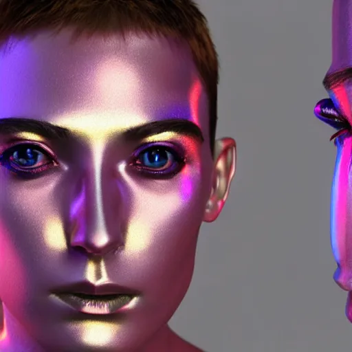 Image similar to 3d render of holographic human robotic head made of glossy iridescent, surrealistic 3d illustration of a human face non-binary, non binary model, 3d model human, cryengine, made of holographic texture, holographic material, holographic rainbow, concept of cyborg and artificial intelligence