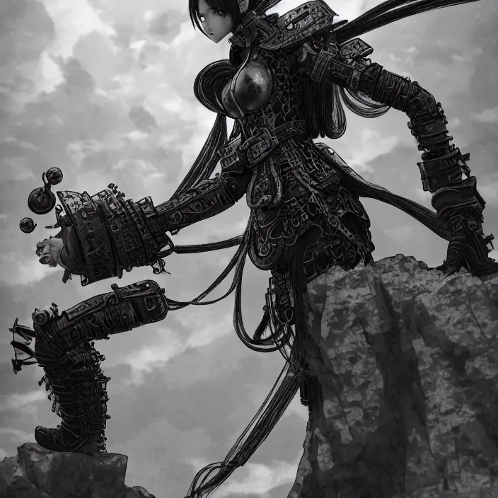 Image similar to a vertical portrait of a manga character in a scenic environment by nihei tsutomu, black and white, dreamy, steampunk armor, highly detailed, 3 d render, vray, octane