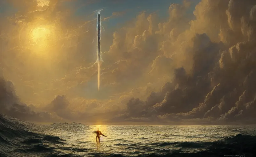 Image similar to concept art, anunnaki god enki floting over the ocean by james gurney, greg rutkowski, and john howe, background of the sky at dusk, artstation