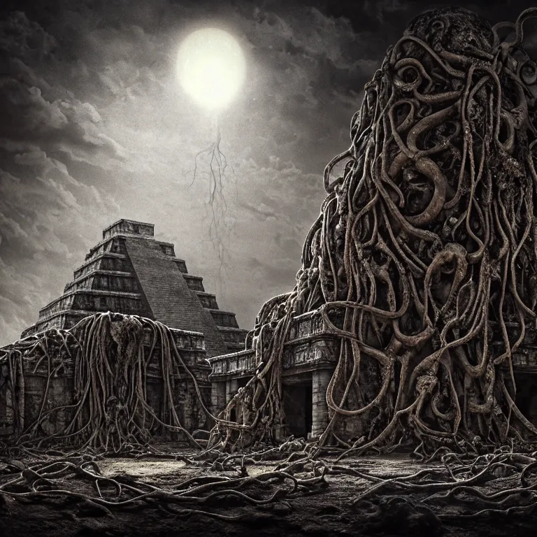 Image similar to still life of abandoned mayan temple, covered with tentacles, roots, wires, tubes, lit by a column of light from flying saucer ufo above, baroque painting, standing in a desolate empty wasteland, creepy, nightmare, dream-like heavy atmosphere, darkness, hell, surreal abandoned buildings, baroque painting, beautiful detailed intricate insanely detailed octane render trending on Artstation, 8K artistic photography, photorealistic, chiaroscuro, Raphael, Caravaggio, Beksinski, Giger