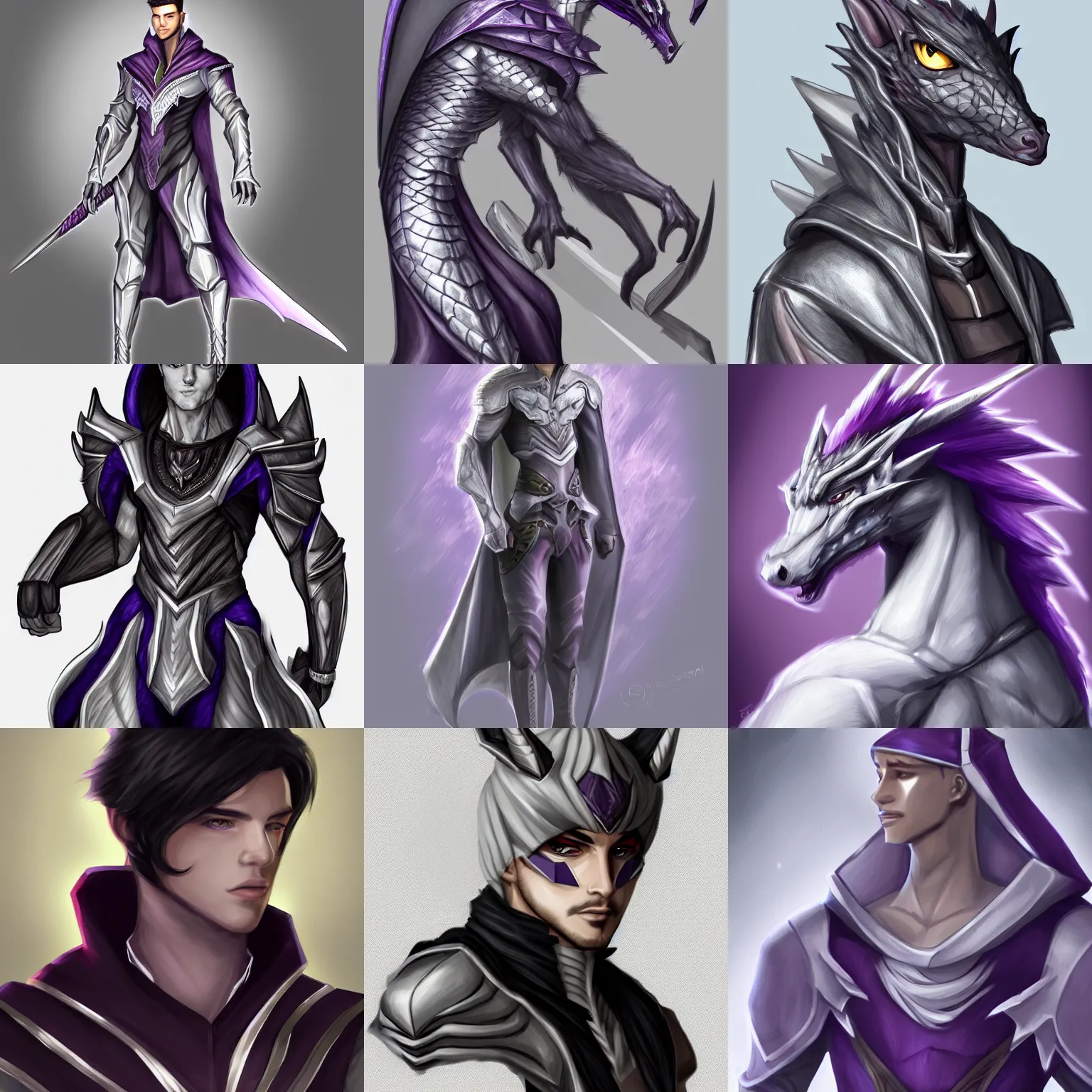 Prompt: half body portrait of a handsome young silver dragon, sharp angular features, light silver skin, male, wearing a luxurious tyrian purple cloak, commission on furaffinity, artstation, high quality colored sketch