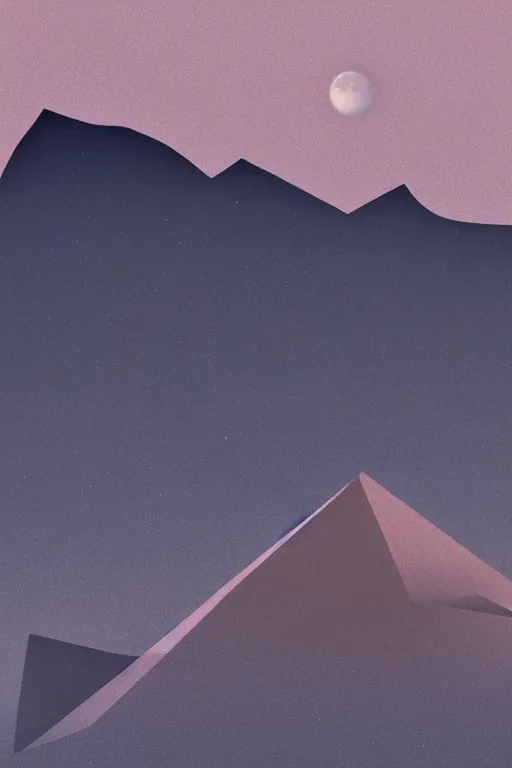 Prompt: geometric 3 d render, dark color palate, mountains with a crescent moon stars