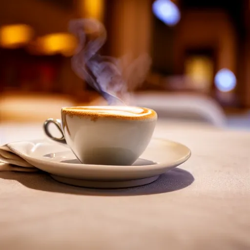 Image similar to photo of a steaming cup of cappuccino on a low table, croissant on a plate, empty hotel lobby in the background, low perspective, coffee spoon on a napkin, liminal spaces, diffuse light, hdr, dslr