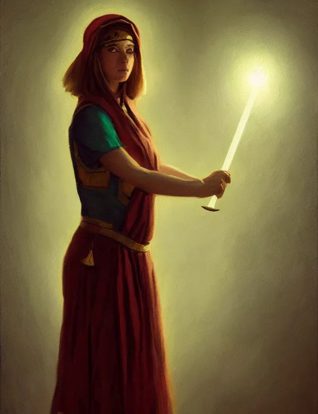 Prompt: priestess of trefoils, tinfoil and clovers. oil painting by award - winning concept artist. backlighting, chiaroscuro.