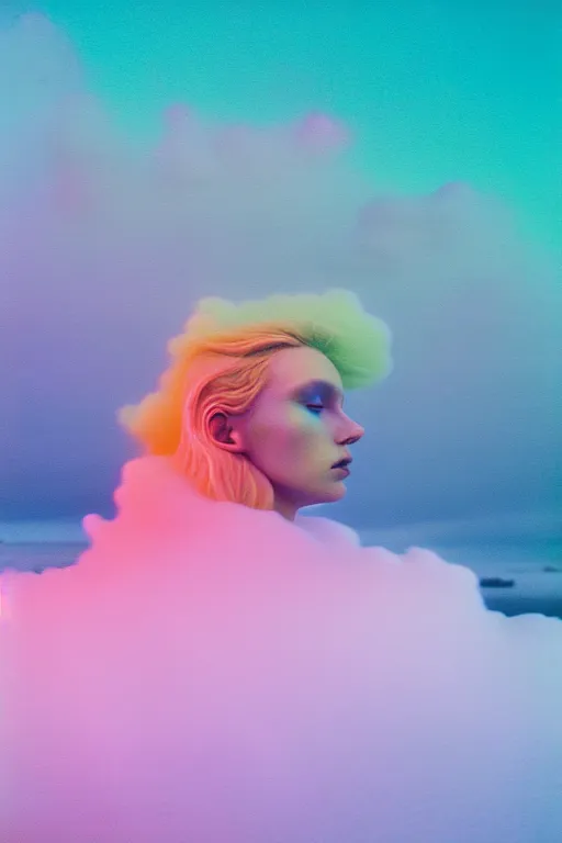 Image similar to high quality pastel coloured film close up wide angle photograph of a model wearing clothing swimming on cloud furniture in a icelandic black rock!! environment in a partially haze filled dreamstate world. three point light, rainbow. photographic production. art directed. pastel colours. volumetric clouds. pastel gradient overlay. waves glitch artefacts. extreme facial clarity. 8 k. filmic.