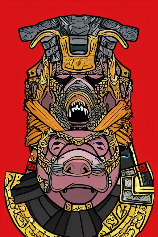 Prompt: A portrait of a pig as an evil warlord general, sticker, Anthropomorphized, portrait, highly detailed, colorful, illustration, smooth and clean vector curves, no jagged lines, vector art, smooth