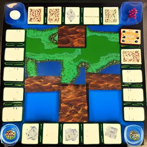 Image similar to board for a board game including two large islands, two medium sized islands, and one small island