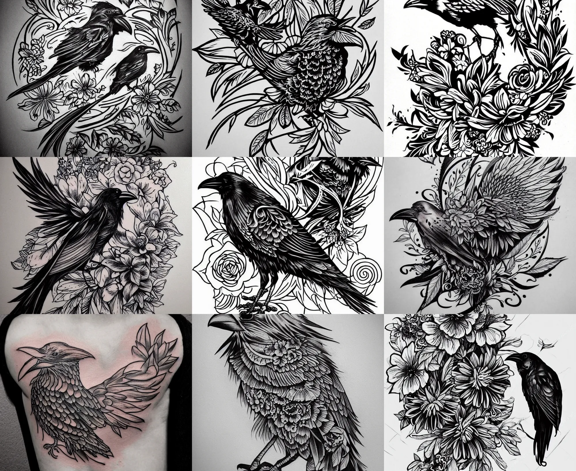 Prompt: Tattoo Design crow floral Raven, bold strong lines very highly aesthetic