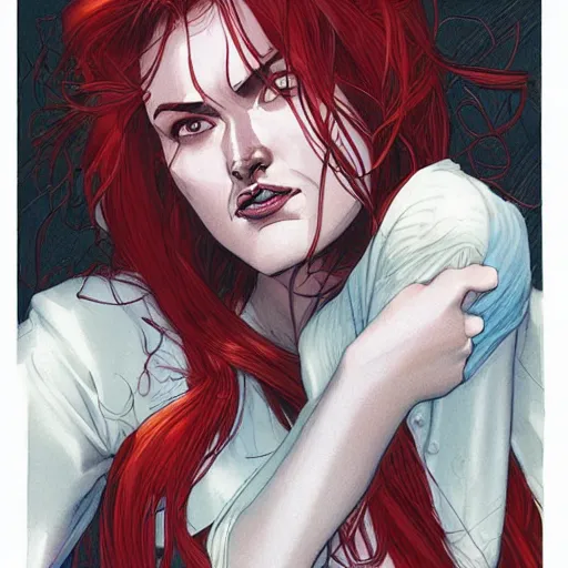 Prompt: a beautiful comic book illustration of a woman with long red hair and a white shirt crying in a glass machine by Jerome Opeña, featured on artstation