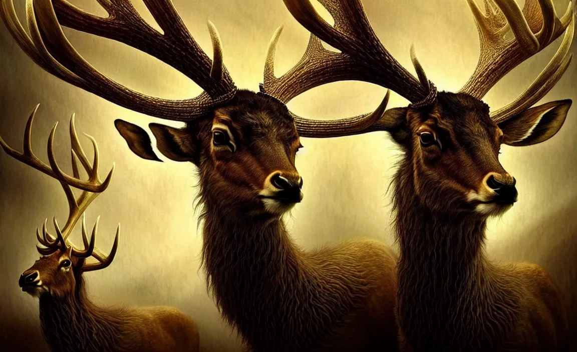 Prompt: epic professional digital art of antlered herbivores, faint golden moody atmospheric lighting, painted, intricate, detailed, detailed, foreboding, by leesha hannigan, wayne haag, reyna rochin, ignacio fernandez rios, mark ryden, iris van herpen,, epic, stunning, gorgeous, much wow, cinematic, masterpiece.