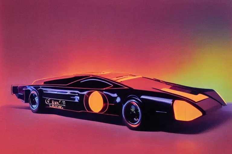 Prompt: designed by Giorgetto Giugiaro stylized poster of the Batmobile, thick neon lights, ektachrome photograph, volumetric lighting, f8 aperture, cinematic Eastman 5384 film