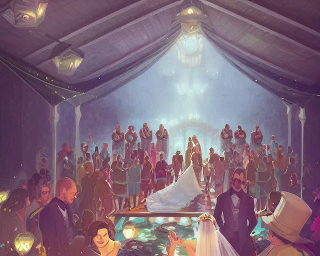 Image similar to a wedding in a swimming pool, photography of kurzgesagt, deep focus, d & d, fantasy, intricate, elegant, highly detailed, digital painting, artstation, concept art, matte, sharp focus, illustration, hearthstone, art by artgerm and greg rutkowski and alphonse mucha