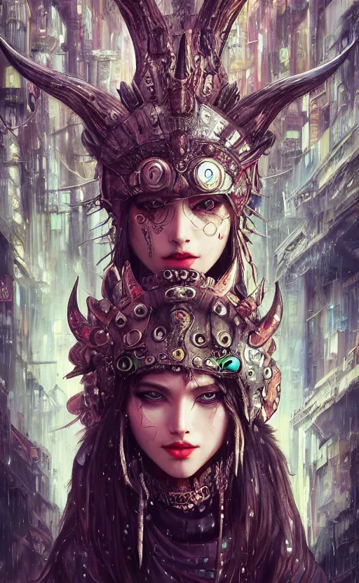 Image similar to hyper realistic Princess Mononoke, ornate mask magic, wet market street, cyberpunk metropolis, city landscape, jewels, full body pose, full moon, crowded streets, style of tom bagshaw, mucha, james gurney, norman rockwell, denoised, sharp