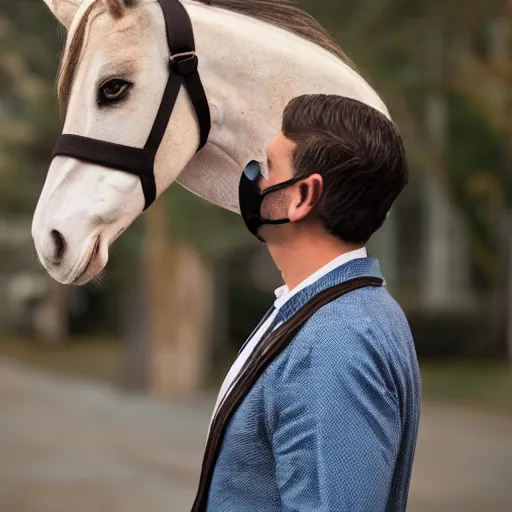 Image similar to man wearing horse head mask on shoulder of man