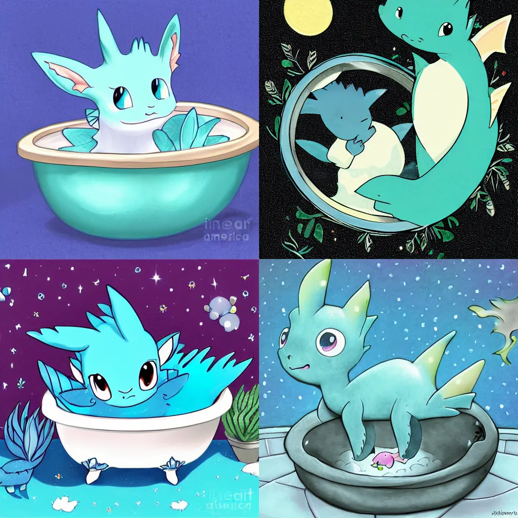Prompt: a vaporeon curled up asleep in the sink, cute storybook illustration, digital art