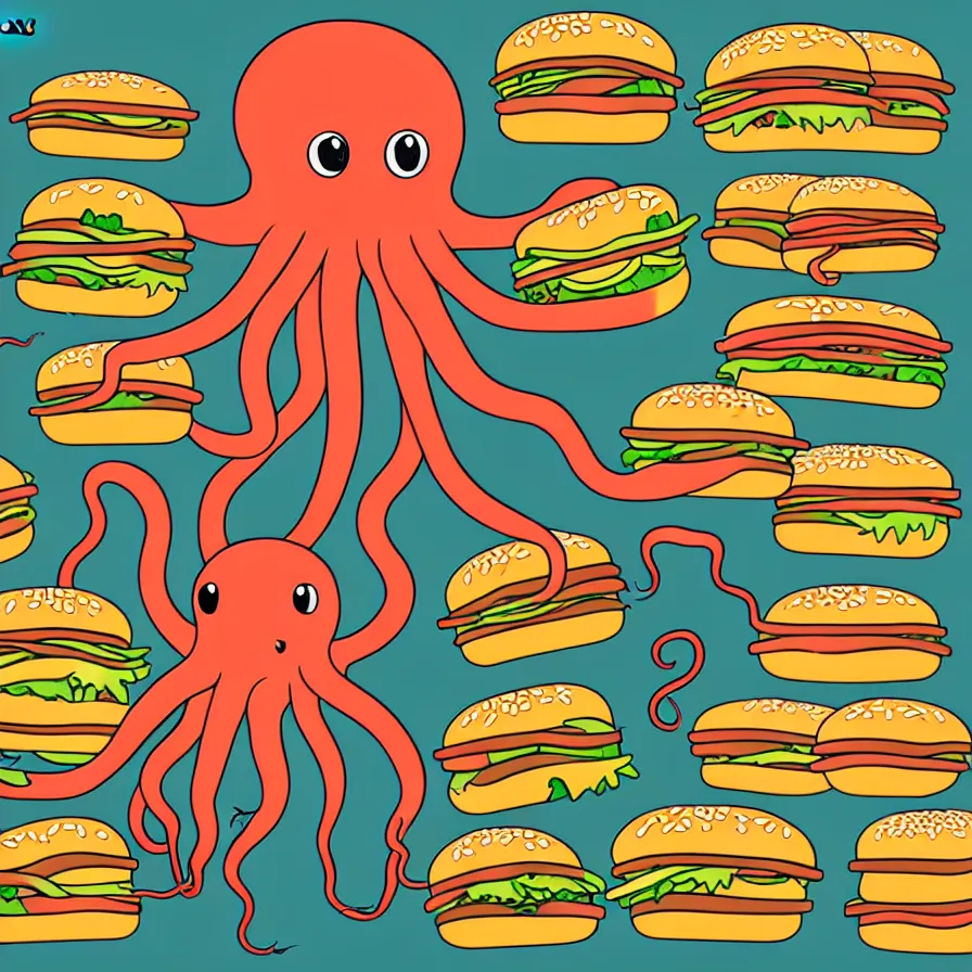 Image similar to ultra detailed artistic illustration of a giant octopus holding many burgers, tentacles wrapped around burgers, vector art, artstation, 8 k