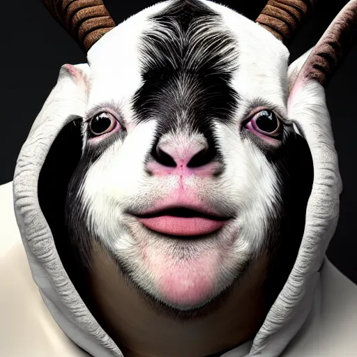 Image similar to andy milonakis as a goat, goat body, human head, anthropomorphic, 4 k, photorealistc, high details