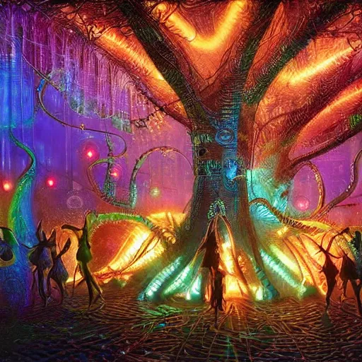 Prompt: african women dancing around a glowing, energized, steampunk neon portal near the electric tree of life in a lightning storm, by alan kenny and android jones. oil on canvas, detailed and intricate environment, radiant lighting. highly detailed. masterpiece