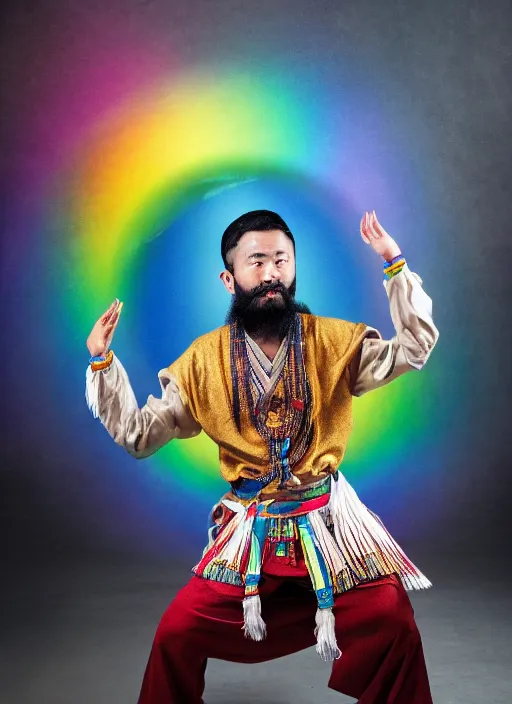 Image similar to japanese man with short hair and a beard wearing a native indian outfit, dancing next to a rainbow, full body portrait, dynamic lighting