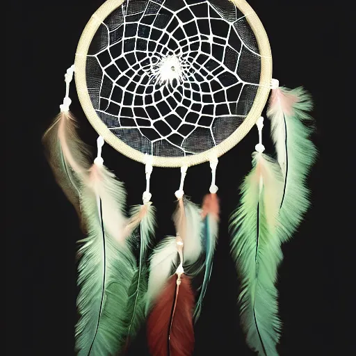 Image similar to a dreamcatcher made out of leaves, studio photography, black background, faint glow, volumetric